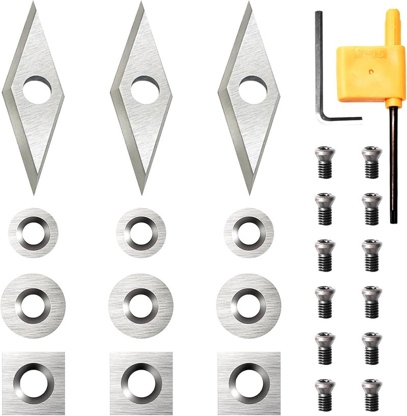 Diraeen 27pcs Carbide Lathe Tools,Tungsten Cutters Inserts Set for Wood Lathe Turning Tools, Include 11 mm Square with Radius, 12 mm and 8.9 mm Round, 30 x 10 mm Diamond, Screwdriver,Screws - Image 1